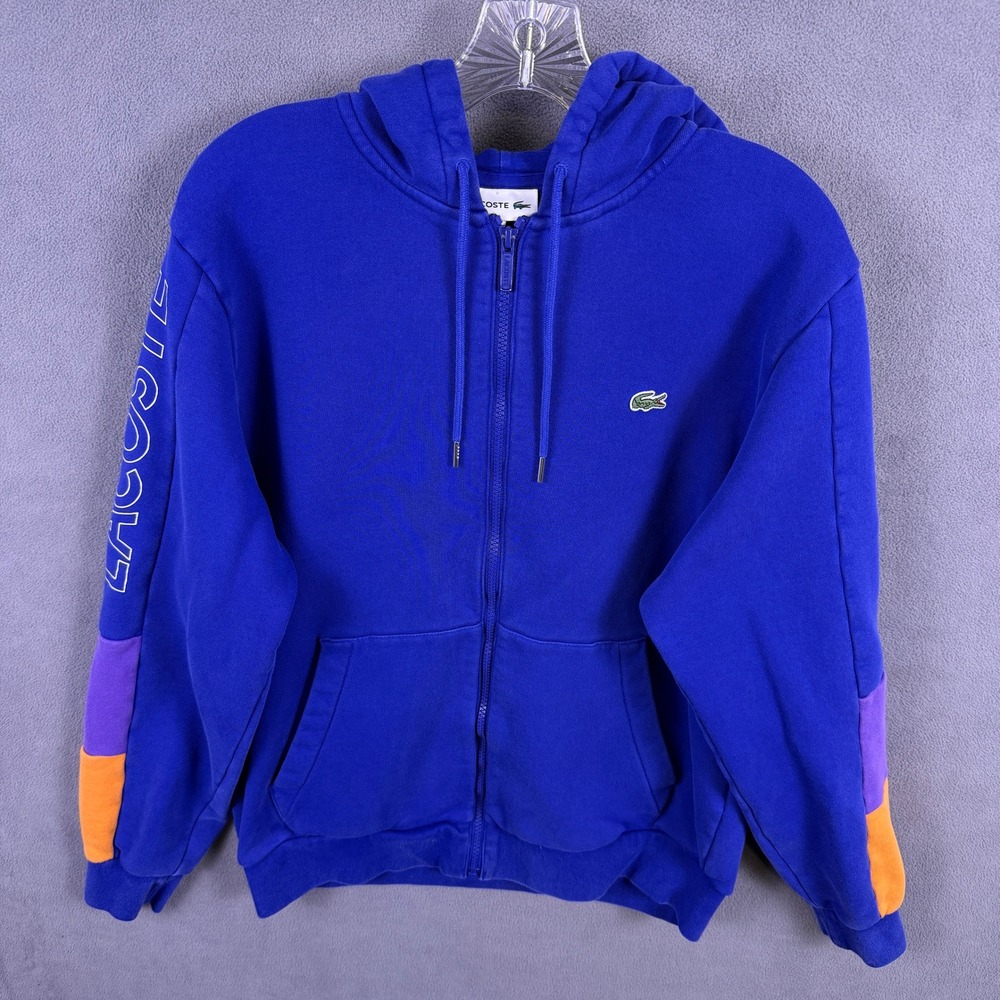 Lacoste Full Zip Hoodie Mens Large Blue Colorblock Sleeve Logo Sweatshirt